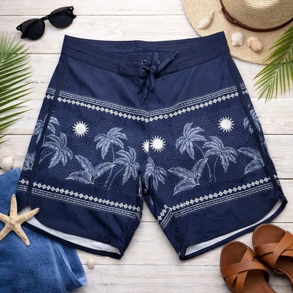 New Old Navy Men's Navy Blue Tropical Palm Tree Swimwear Board Shorts Size 28